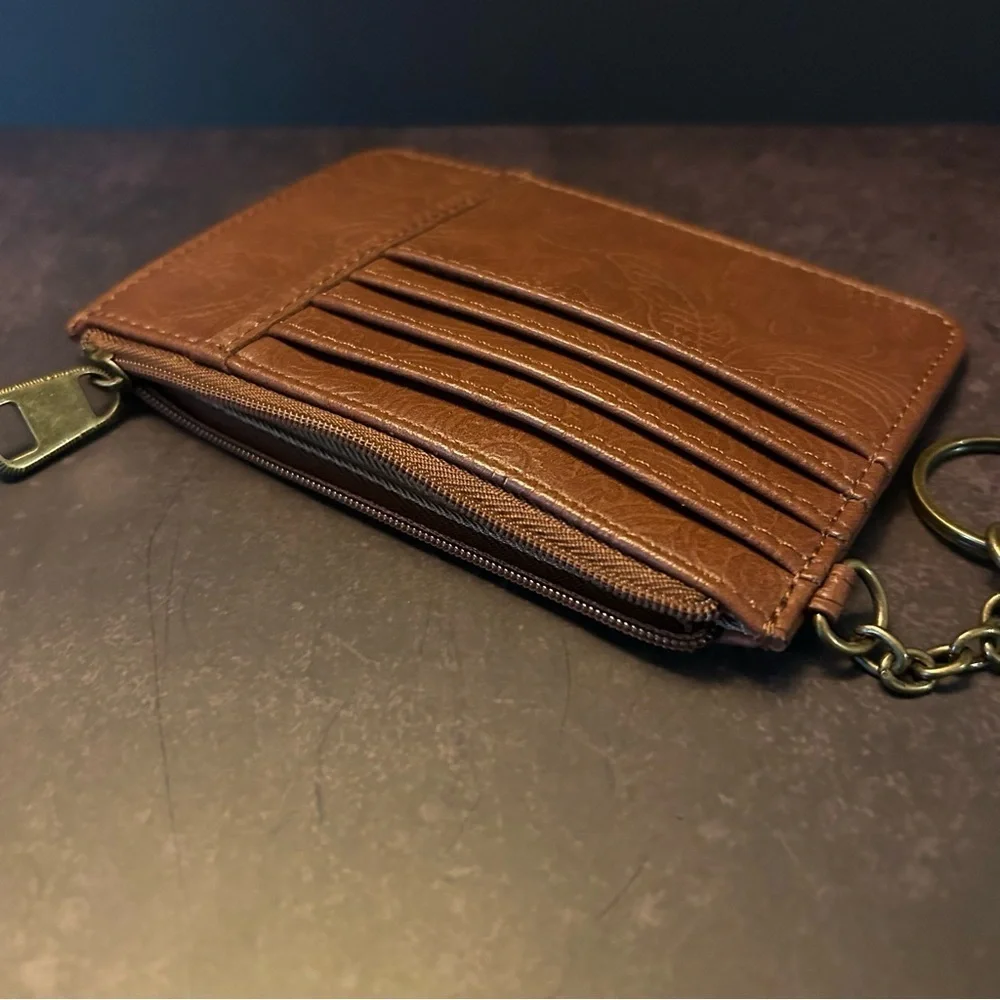 Brown Embossed Card Holder with Keychain